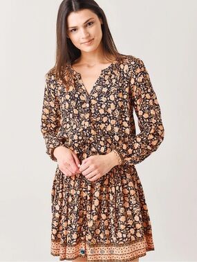 Faherty Floral Long-Sleeve Mini Dress in Black and Peach